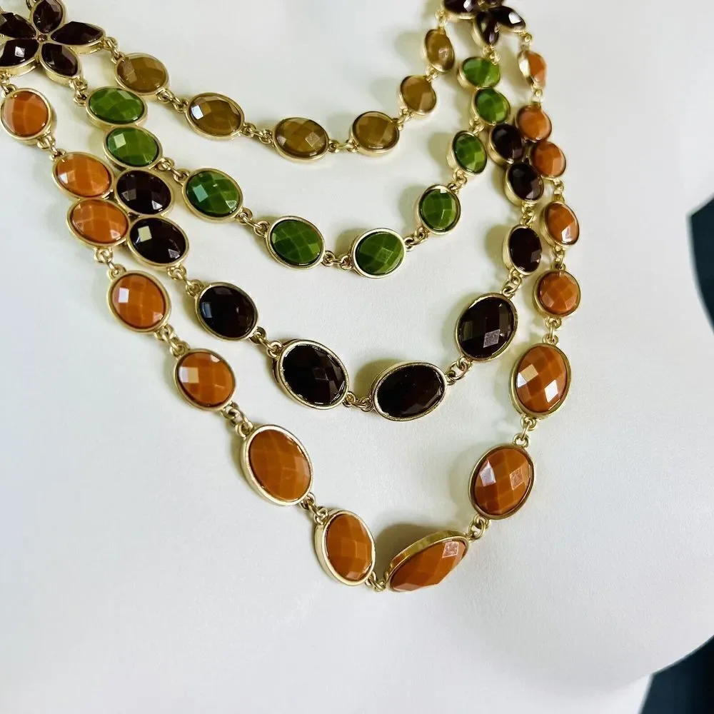 Beautiful Layered Multi Strand Necklace Earth Tone Faceted Beads Flower  4328